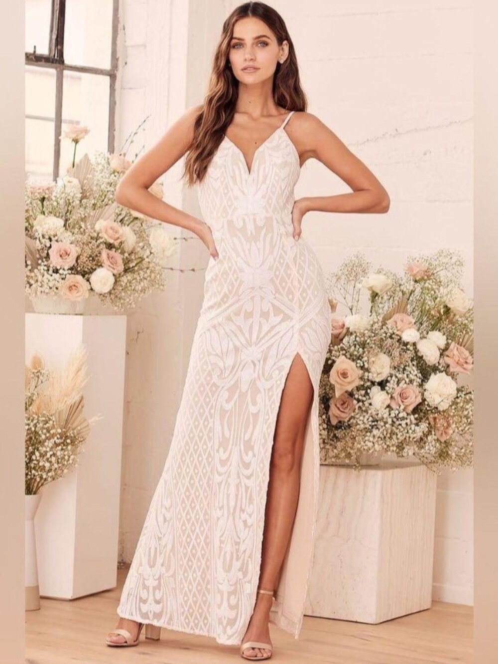 Lulu's Ivory Beaded Strapless Evening Gown